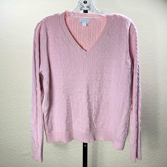 Charter Club Sweaters - Vintage Pink Cable Knit Sweater 90s Charter Club Knitted V Neck Blouse Crewneck
